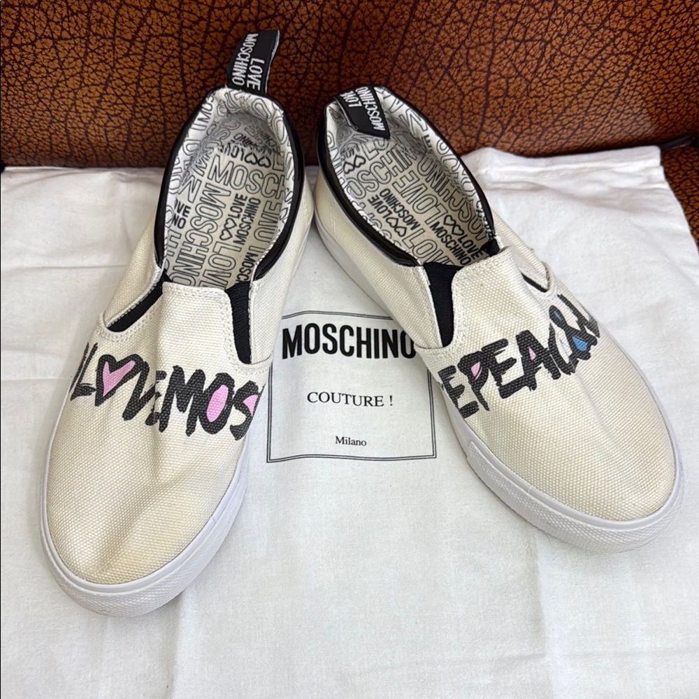 Moschino white off  and black Graphic Slip-Ons